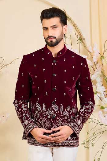 Buy_Kasbah_Maroon Velvet Cut Work Embroidered Bandhgala Jacket _at_Aza_Fashions