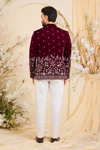 Shop_Kasbah_Maroon Velvet Cut Work Embroidered Bandhgala Jacket _at_Aza_Fashions