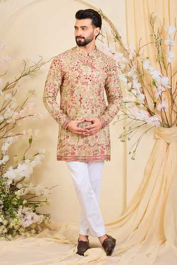 Kasbah_Gold Georgette Embroidered Kurta _Online_at_Aza_Fashions