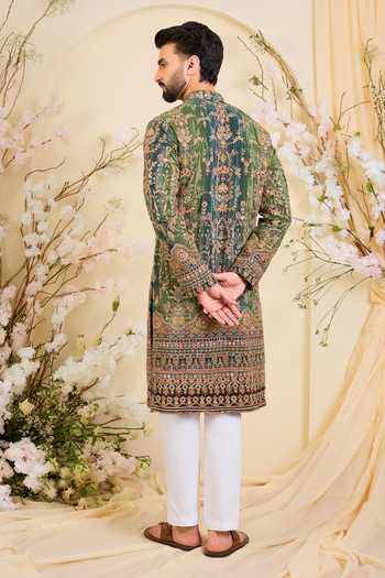 Shop_Kasbah_Green Crepe Zari Embroidered Kurta _at_Aza_Fashions