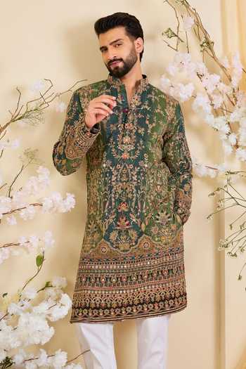 Buy_Kasbah_Green Crepe Zari Embroidered Kurta _at_Aza_Fashions