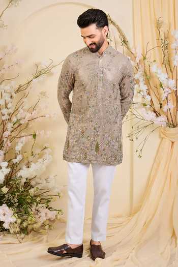 Buy_Kasbah_Beige Georgette Sequined Floral Kurta _Online_at_Aza_Fashions