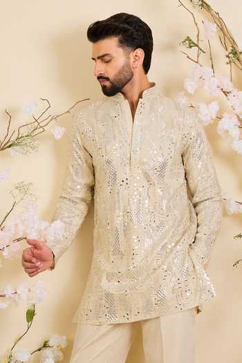 Buy_Kasbah_Gold Tissue Embroidered Kurta _at_Aza_Fashions