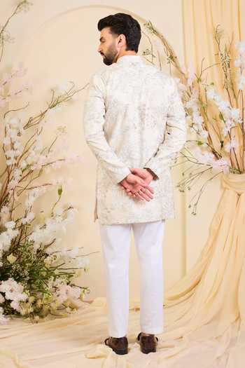 Shop_Kasbah_Beige Silk Floral Embroidered Short Kurta _at_Aza_Fashions
