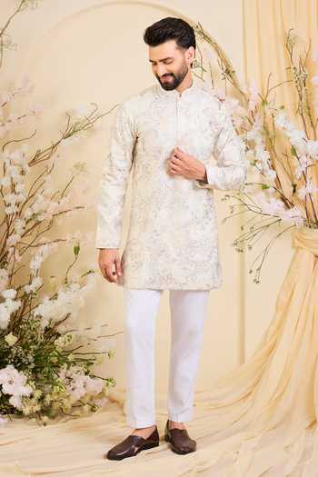 Kasbah_Beige Silk Floral Embroidered Short Kurta _Online_at_Aza_Fashions