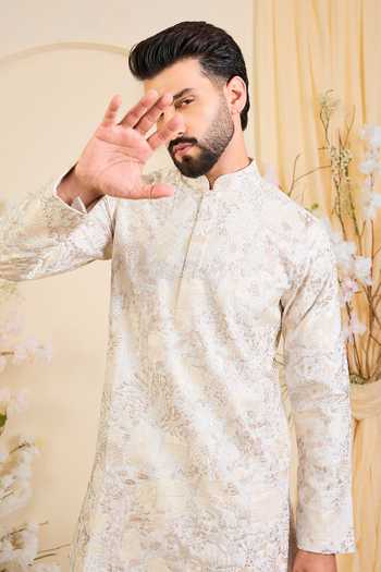 Buy_Kasbah_Beige Silk Floral Embroidered Short Kurta _Online_at_Aza_Fashions