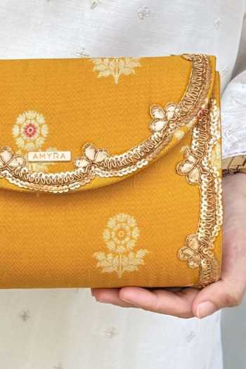 Shop_AMYRA_Yellow Bahaar Pure Silk Flapover Clutch _at_Aza_Fashions