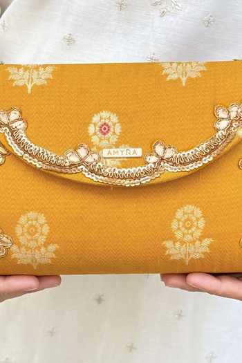 Shop_AMYRA_Yellow Bahaar Pure Silk Flapover Clutch _Online_at_Aza_Fashions