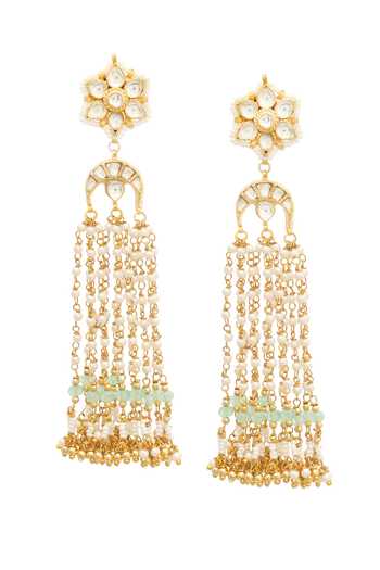 Shop_MAISARA JEWELRY_Green Kundan Embellished Chandelier Earrings _at_Aza_Fashions