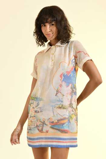 Buy_Bhanuni By Jyoti_Multi Color Viscose Polo Collar Coastal Print Mini Dress _at_Aza_Fashions