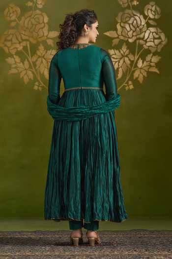Shop_Almaari By Pooja Patel_Emerald Green Silk, Tussar Round Neck Rochita Embroidered Crushed Anarkali Set _at_Aza_Fashions