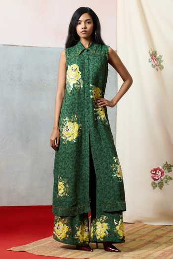 Buy_Pooja Rajgarhia Gupta_Green Georgette Collared Ponza Floral Pattern Tunic Set 