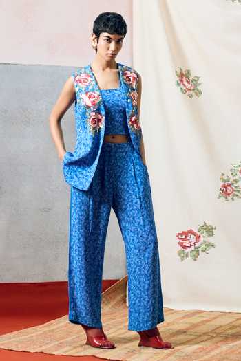 Buy_Pooja Rajgarhia Gupta_Blue Georgette Square Neck Milos Floral Pattern Jacket Pant Set _at_Aza_Fashions