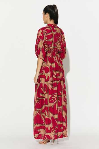 Shop_Koai_Gold Silk, Cotton, Muslin Collared Geometric Print Dress _at_Aza_Fashions
