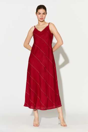 Buy_Koai_Red Linen Cowl Neck Spaghetti Strap Dress _at_Aza_Fashions