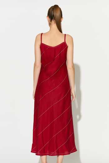 Shop_Koai_Red Linen Cowl Neck Spaghetti Strap Dress _at_Aza_Fashions