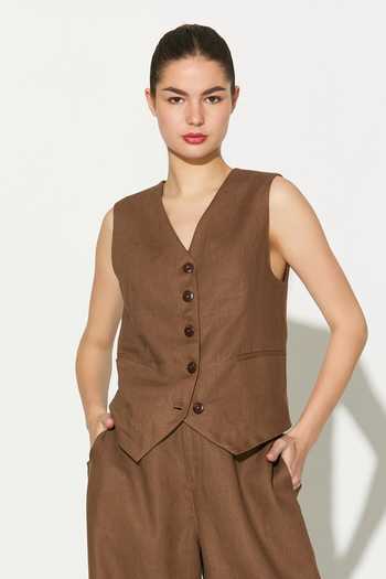 Buy_Koai_Brown Linen V-neck Waistcoat _at_Aza_Fashions