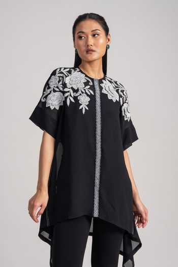 Buy_Namrata Joshipura_Black Georgette Round Neck Asymmetrical Embroidered Tunic _at_Aza_Fashions