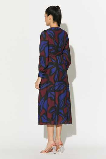 Shop_Koai_Blue Silk, Cotton, Muslin V-neck Abstract Print Dress _at_Aza_Fashions