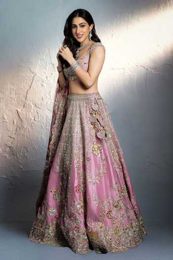 Shop_Osaa By Adarsh_Pink Silk Zari, Embroidery, Sequins Rosaline Mulberry Bridal Lehenga Set 