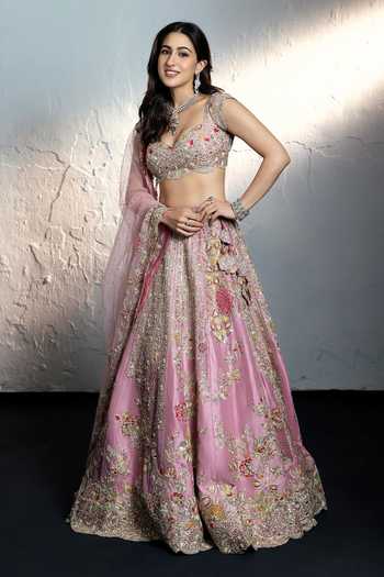 Osaa By Adarsh_Pink Silk Zari, Embroidery, Sequins Rosaline Mulberry Bridal Lehenga Set _Online