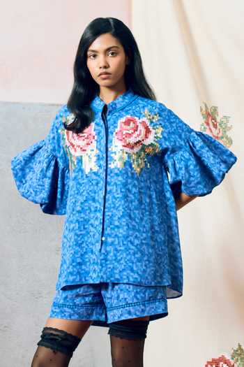 Buy_Pooja Rajgarhia Gupta_Blue Georgette Mandarin Collar Sicily Embroidered Double Top _at_Aza_Fashions