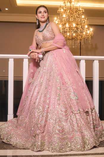 Buy_Osaa By Adarsh_Pink Organza Sequins, Embroidery, Zari V-neck Rosaline Lehenga Set _at_Aza_Fashions