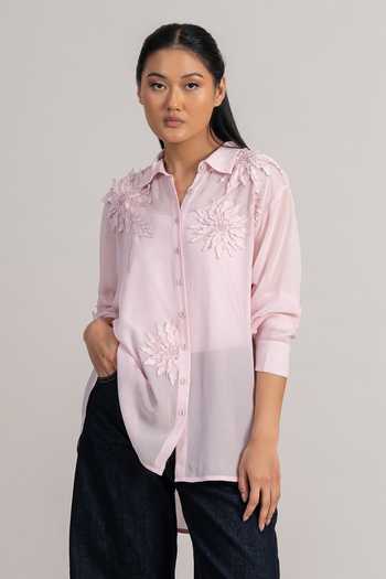 Buy_Namrata Joshipura_Pink Georgette Collared Floral Applique Shirt _at_Aza_Fashions