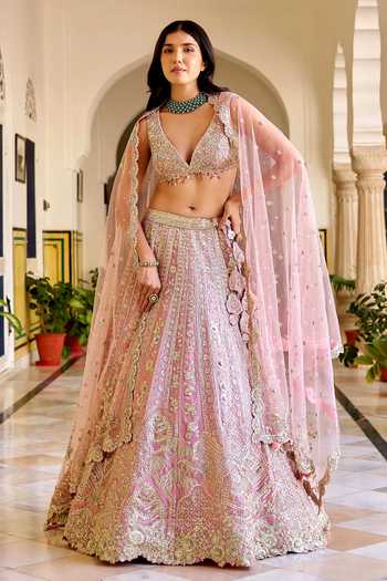 Buy_Osaa By Adarsh_Pink Organza Sequins, Embroidery, Zari V-neck Rosaline Lehenga Set _Online