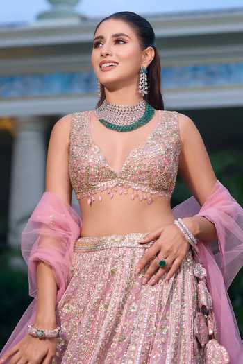Shop_Osaa By Adarsh_Pink Organza Sequins, Embroidery, Zari V-neck Rosaline Lehenga Set _Online