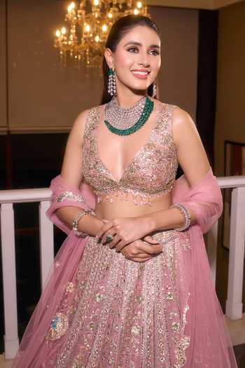 Osaa By Adarsh_Pink Organza Sequins, Embroidery, Zari V-neck Rosaline Lehenga Set 
