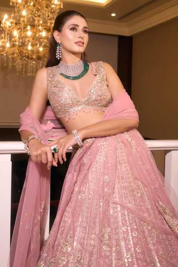 Osaa By Adarsh_Pink Organza Sequins, Embroidery, Zari V-neck Rosaline Lehenga Set 