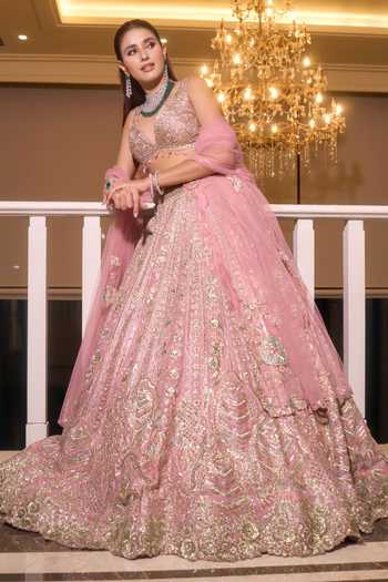 Osaa By Adarsh_Pink Organza Sequins, Embroidery, Zari V-neck Rosaline Lehenga Set 