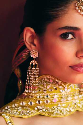 Shop_MAISARA JEWELRY_Peach Kundan Tassel Chandelier Earrings _at_Aza_Fashions