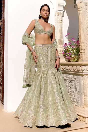 Osaa By Adarsh_Green Silk, Tissue Zari, Embroidery Plunge Neck Fishcut Lehenga Set _at_Aza_Fashions
