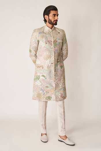 Buy_Aisha Rao_Ivory Silk, Lurex Fougere Applique Sherwani And Kurta Set _at_Aza_Fashions