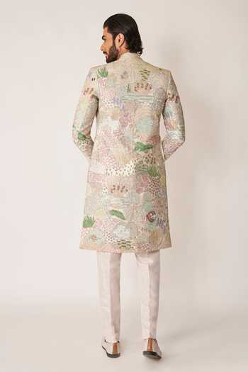 Shop_Aisha Rao_Ivory Silk, Lurex Fougere Applique Sherwani And Kurta Set _at_Aza_Fashions