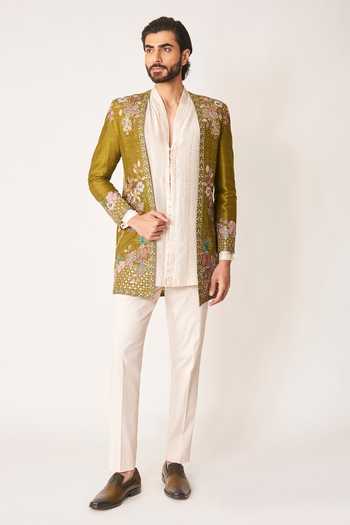 Buy_Aisha Rao_Olive Green Silk, Cotton, Lycra, Cypres Embroidered Open Jacket And Kurta Set _at_Aza_Fashions