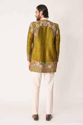 Aisha Rao_Olive Green Silk, Cotton, Lycra, Cypres Embroidered Open Jacket And Kurta Set _Online_at_Aza_Fashions
