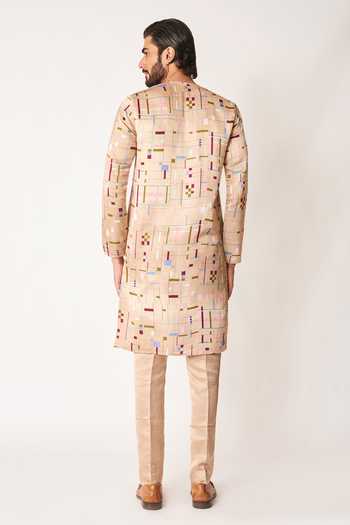 Shop_Aisha Rao_Peach Satin, Linen, Viscose Soline Printed Kurta And Pant Set _at_Aza_Fashions