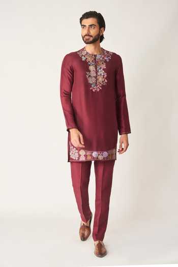 Buy_Aisha Rao_Wine Dupion, Silk Rubia Applique Embellished Kurta Set _at_Aza_Fashions