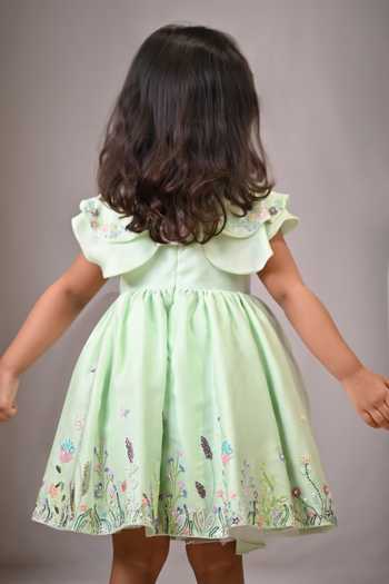 Shop_arani label_Green Organza, Viscose, Satin Gardenia Embroidered Dress _at_Aza_Fashions