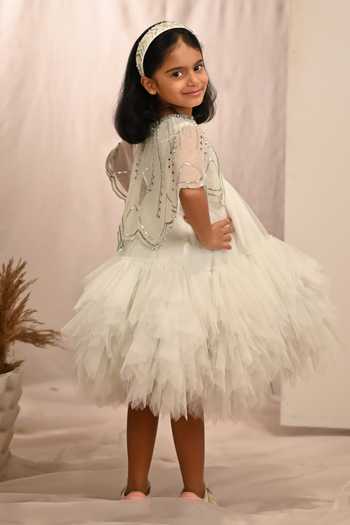 Shop_arani label_Green Net Abstract Ruffled Dress And Cape Set _at_Aza_Fashions