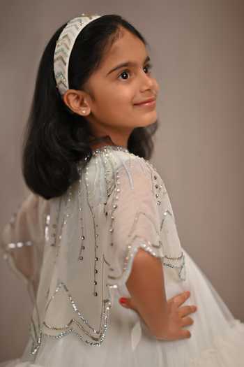 arani label_Green Net Abstract Ruffled Dress And Cape Set _Online_at_Aza_Fashions