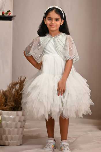 Buy_arani label_Green Net Abstract Ruffled Dress And Cape Set _at_Aza_Fashions