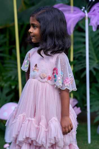 arani label_Pink Net Mermaid Embroidered Cape Dress Set _Online_at_Aza_Fashions