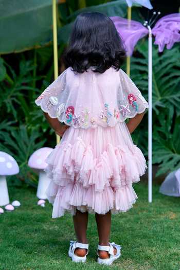 Shop_arani label_Pink Net Mermaid Embroidered Cape Dress Set _at_Aza_Fashions