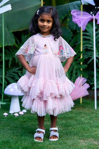 Buy_arani label_Pink Net Mermaid Embroidered Cape Dress Set _at_Aza_Fashions