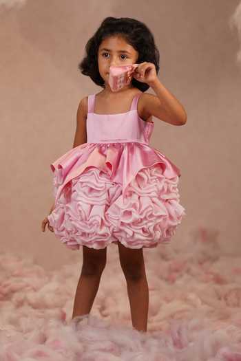 Buy_arani label_Pink Organza, Satin, Viscose, Lycra Peony Dress _at_Aza_Fashions