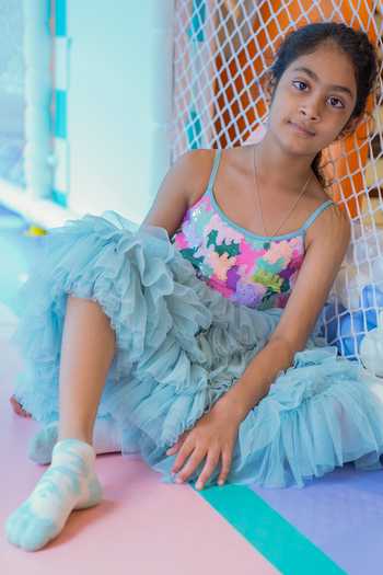 Shop_arani label_Blue Net Colourful Canvas Soft Dress _at_Aza_Fashions